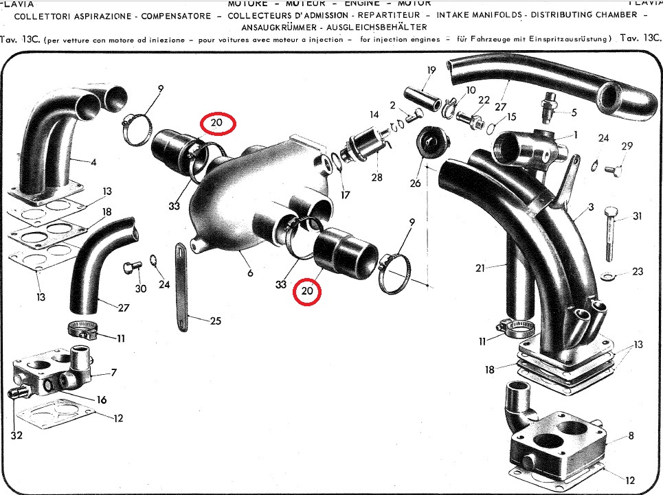 Lancia Flavia S1,S2 1.8L Injection Upper Intake Manifold Hoses Set